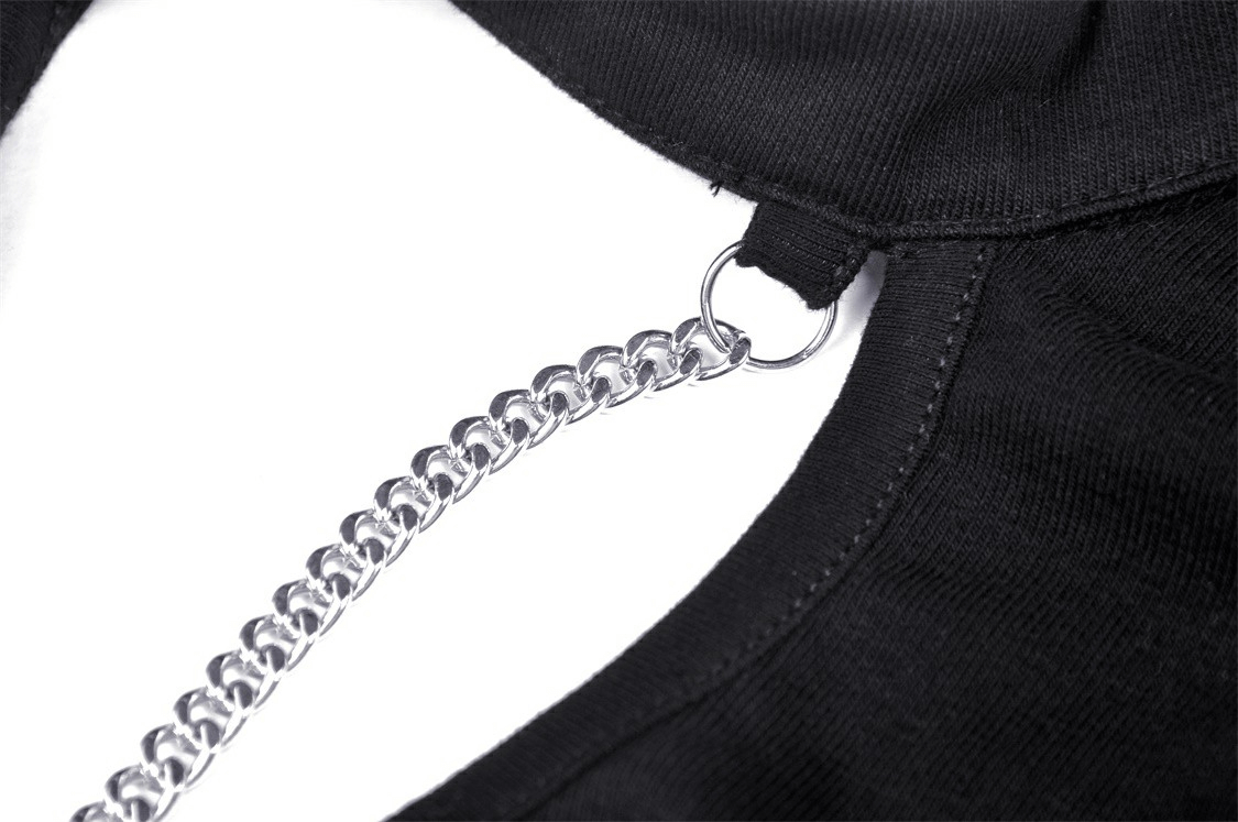 Close-up of black gothic halter crop top with chain detail, perfect for punk-inspired fashion.