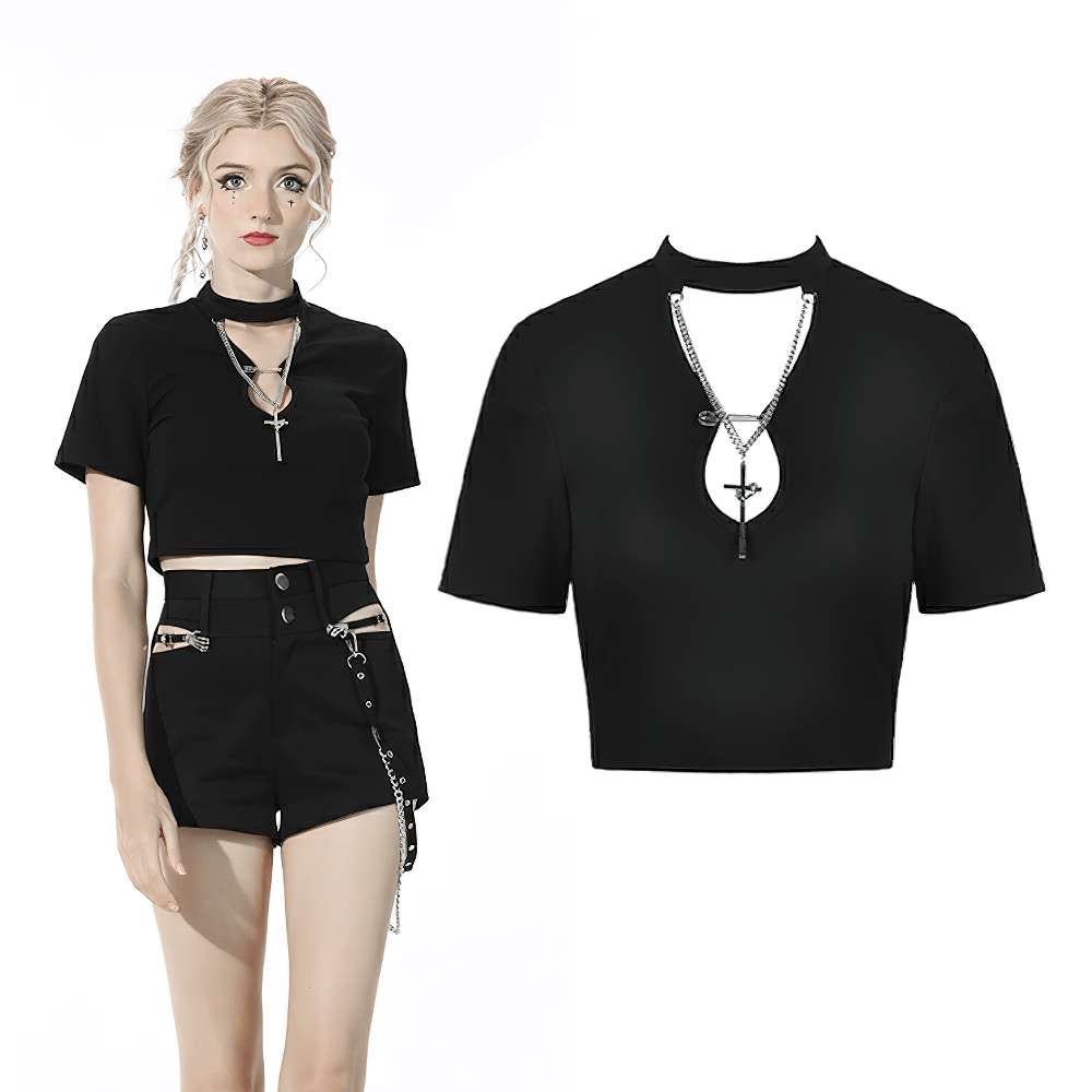 Black gothic halter crop top with chain detail, edgy punk style, perfect for concerts and nightlife.