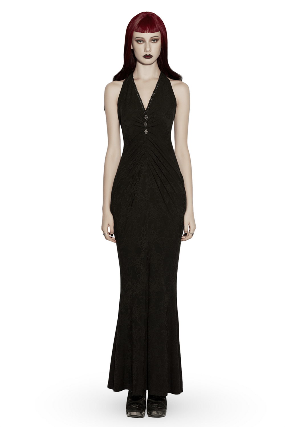 Alt Tag: Black Gothic Halter Jacquard Mermaid Maxi Dress with halter neck, buckle detail and fishtail silhouette for goth evening elegance