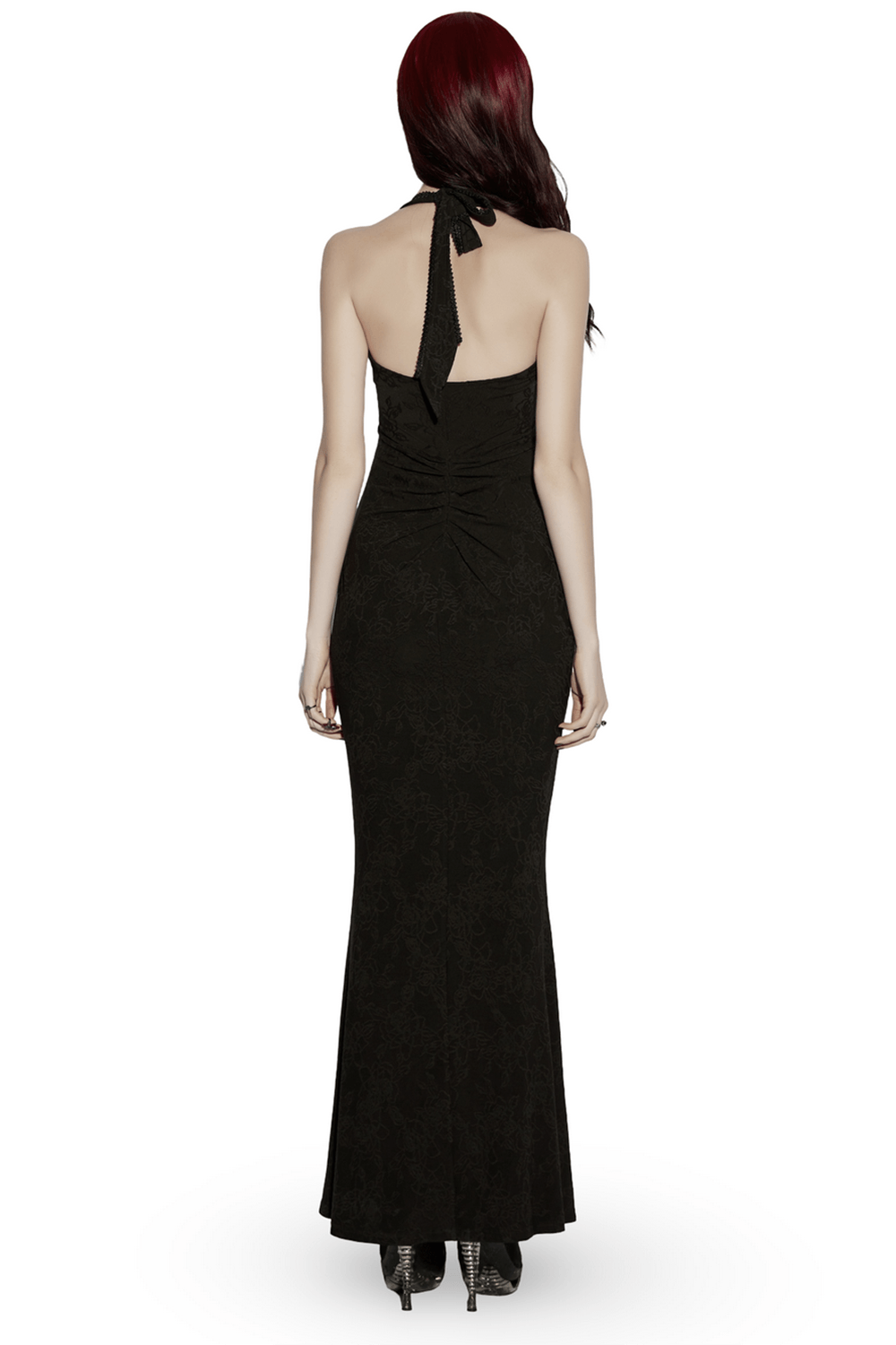 Black Gothic Halter Jacquard Mermaid Maxi Dress back view, halter neck, fitted ruched waist, dramatic fishtail maxi gown