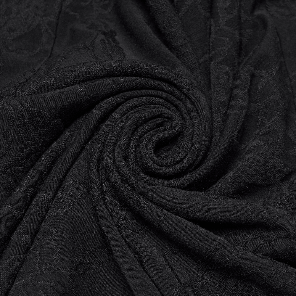 Alt Tag: Black Gothic Halter Jacquard Mermaid Maxi Dress black rose jacquard knit fabric close-up, dark goth texture with elegant swirl