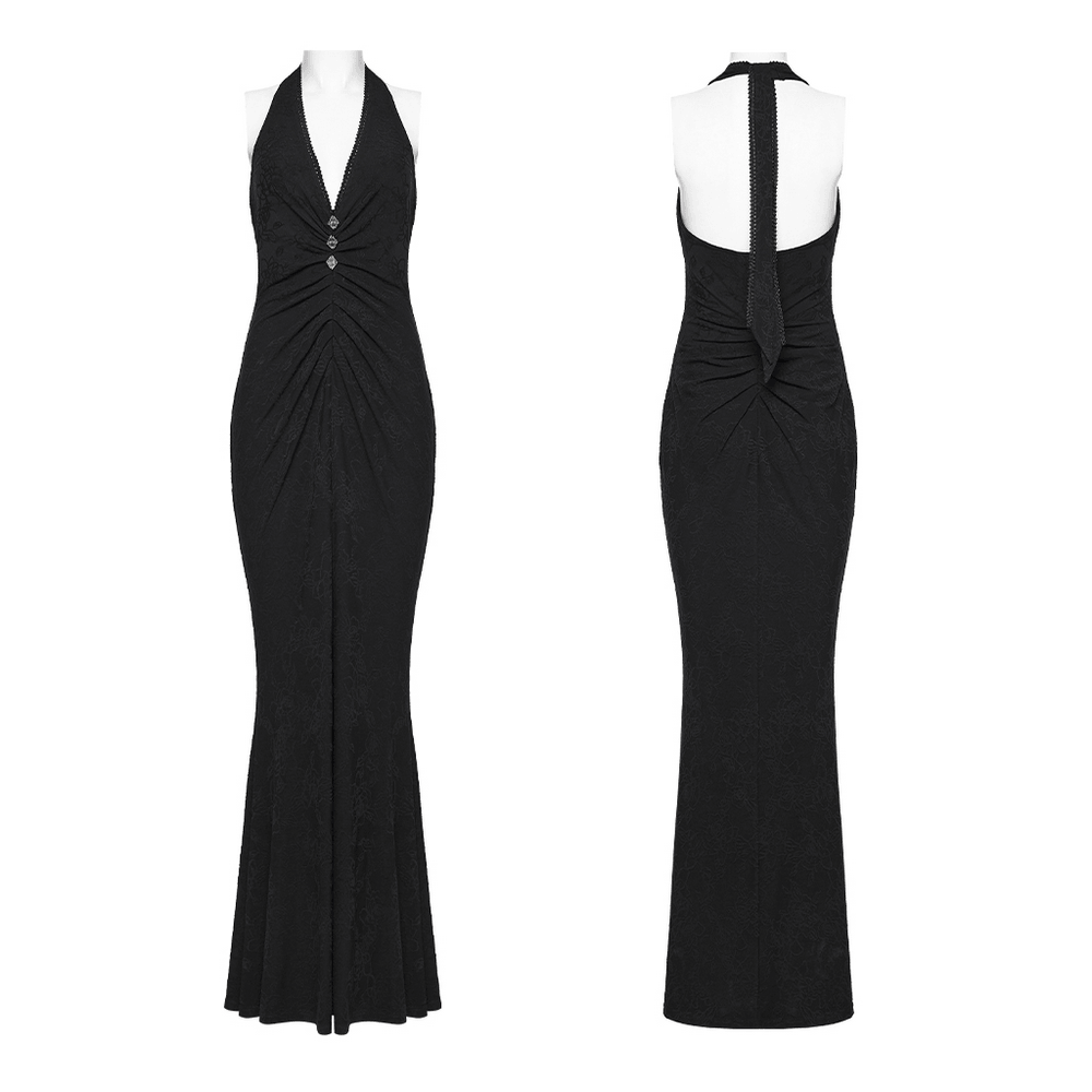 Alt Tag: Black Gothic Halter Jacquard Mermaid Maxi Dress front and back view, ruched waist, metal buckle detail, fishtail maxi gown