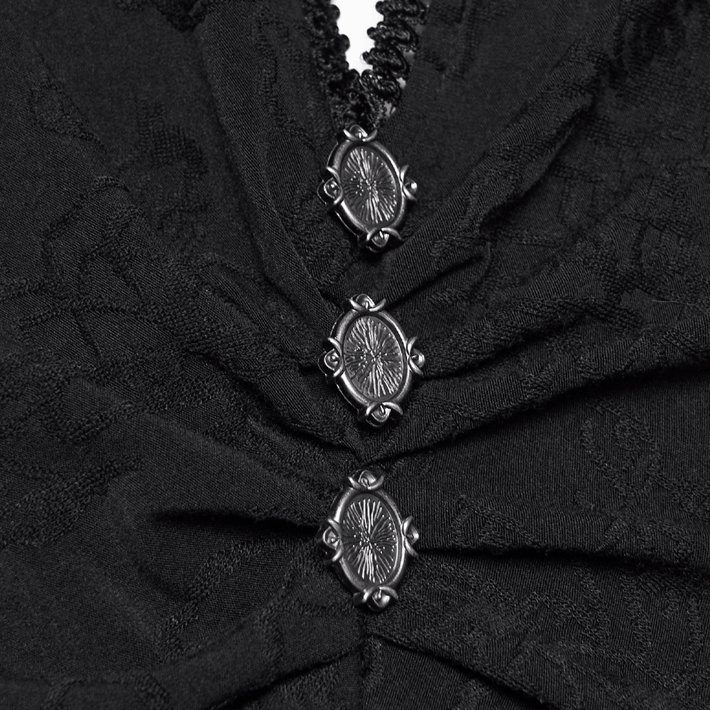 Alt Tag: Black Gothic Halter Jacquard Mermaid Maxi Dress close-up of black rose jacquard knit with ruched bust and metal buckle accents