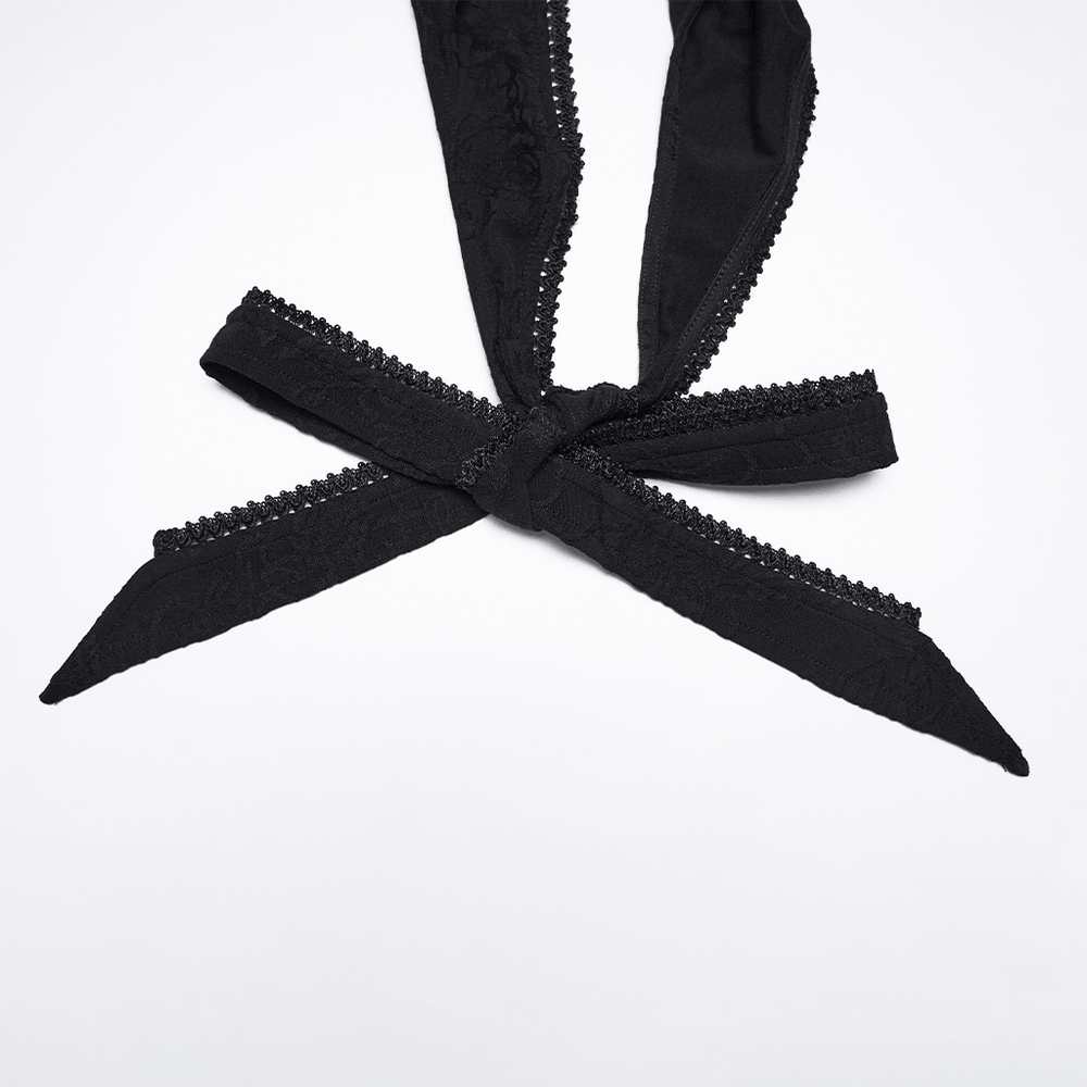 Alt Tag: Black Gothic Halter Jacquard Mermaid Maxi Dress halter neck tie detail with rose jacquard texture and lace-edge finish