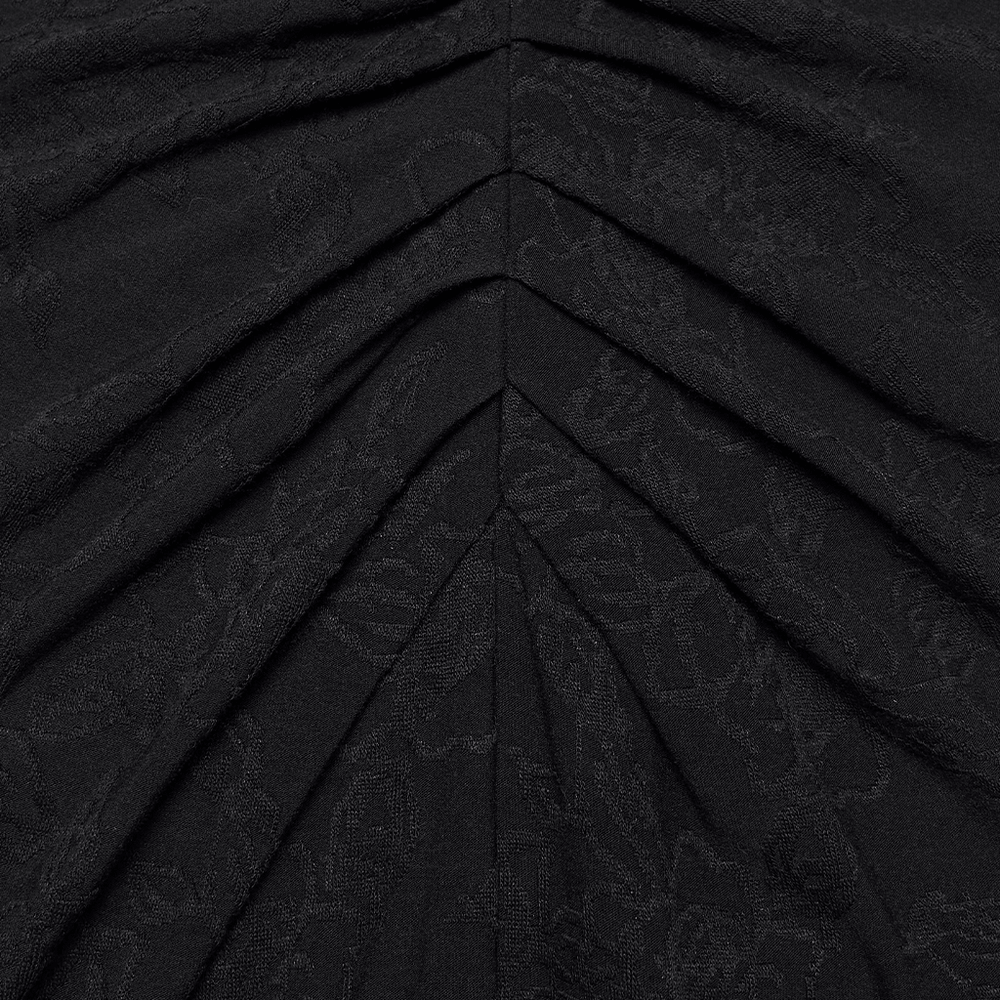 Alt Tag: Black Gothic Halter Jacquard Mermaid Maxi Dress close-up of black rose jacquard fabric with chevron ruching for a dramatic goth finish