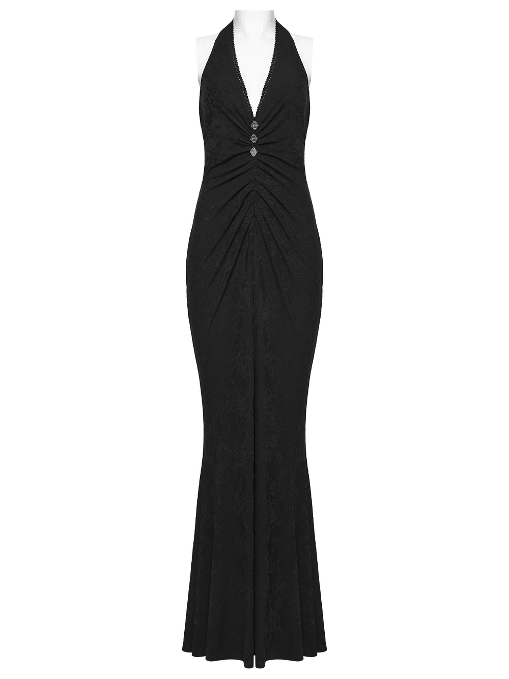 Alt Tag: Black Gothic Halter Jacquard Mermaid Maxi Dress with halter neck, ruched waist, buckle detail, and fishtail maxi skirt