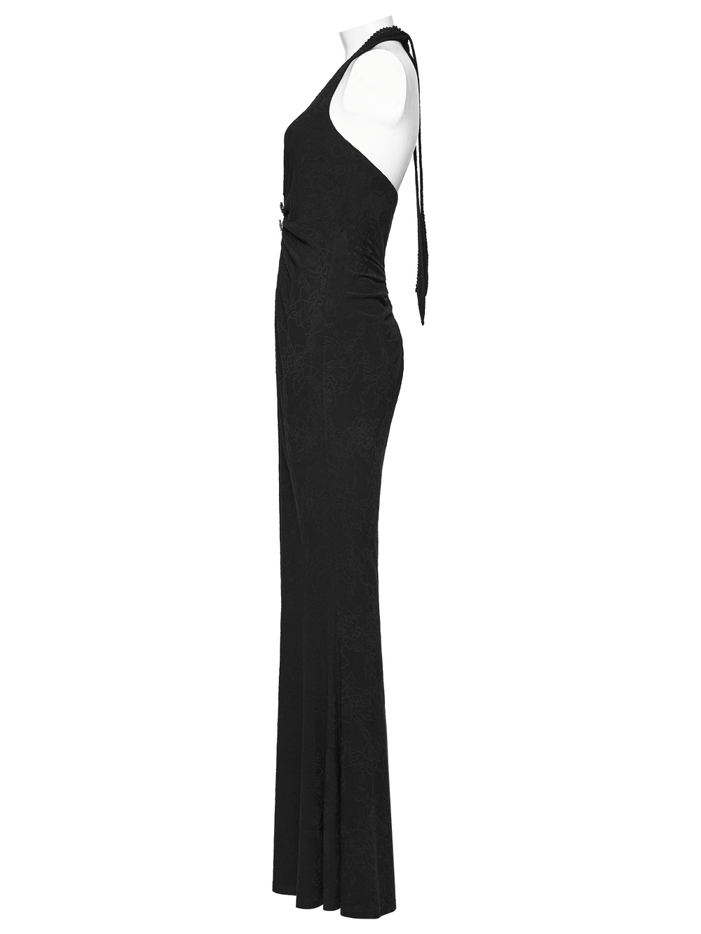 Alt Tag: Black Gothic Halter Jacquard Mermaid Maxi Dress side view, halter neck fishtail silhouette with buckle detail, gothic evening gown