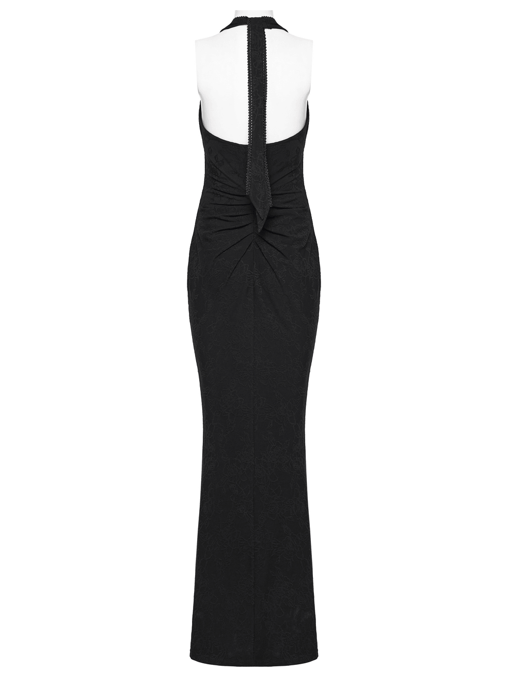 Alt Tag: Black Gothic Halter Jacquard Mermaid Maxi Dress back view, ruched waist and fishtail hem gothic evening gown