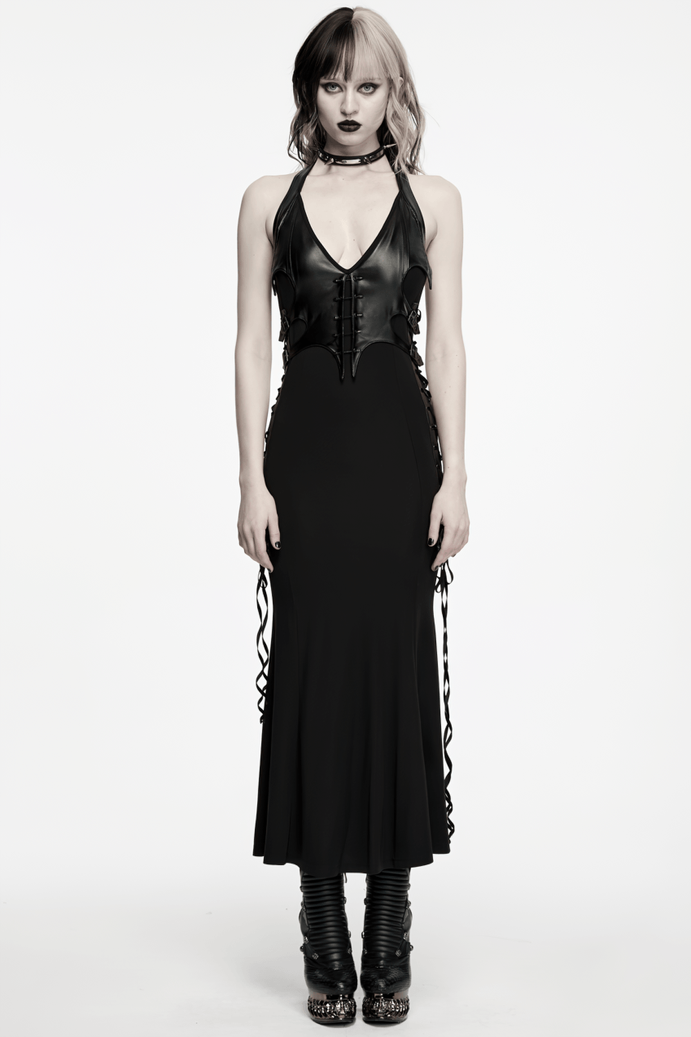 Black Gothic Halter Mermaid Dress with Side Lacing