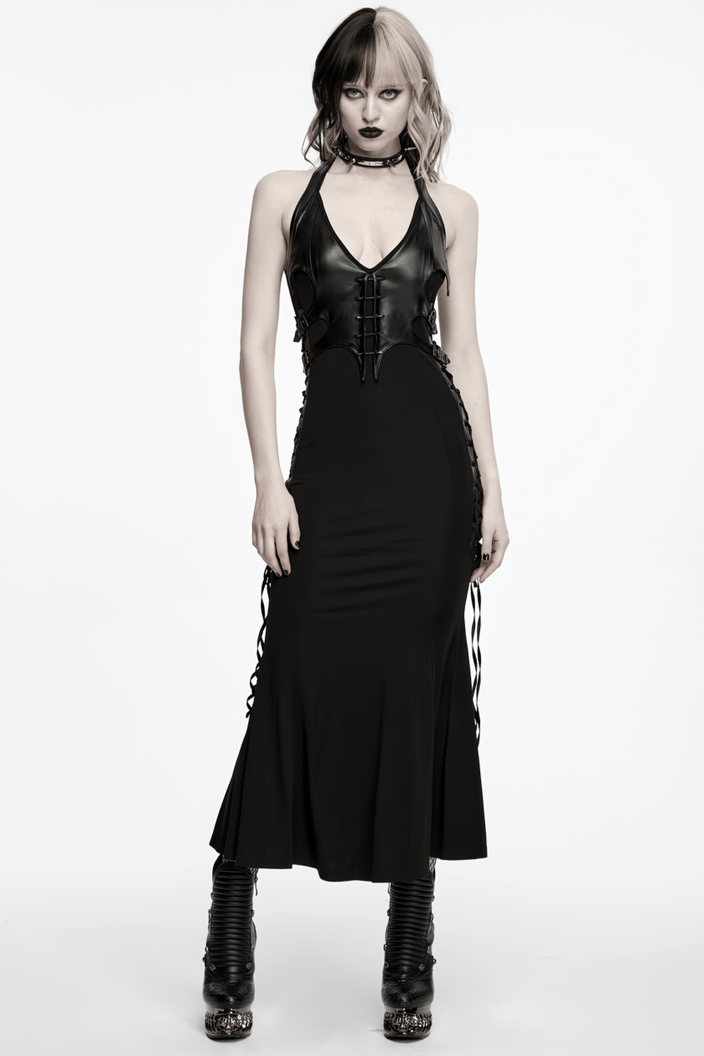 Black Gothic Halter Mermaid Dress with Side Lacing