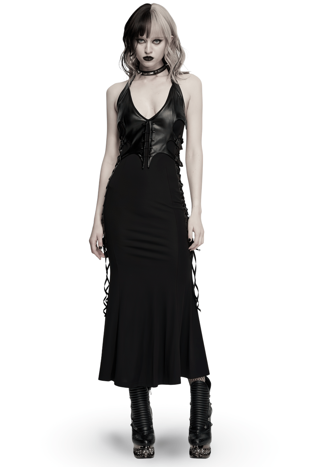 Black Gothic Halter Mermaid Dress with Side Lacing