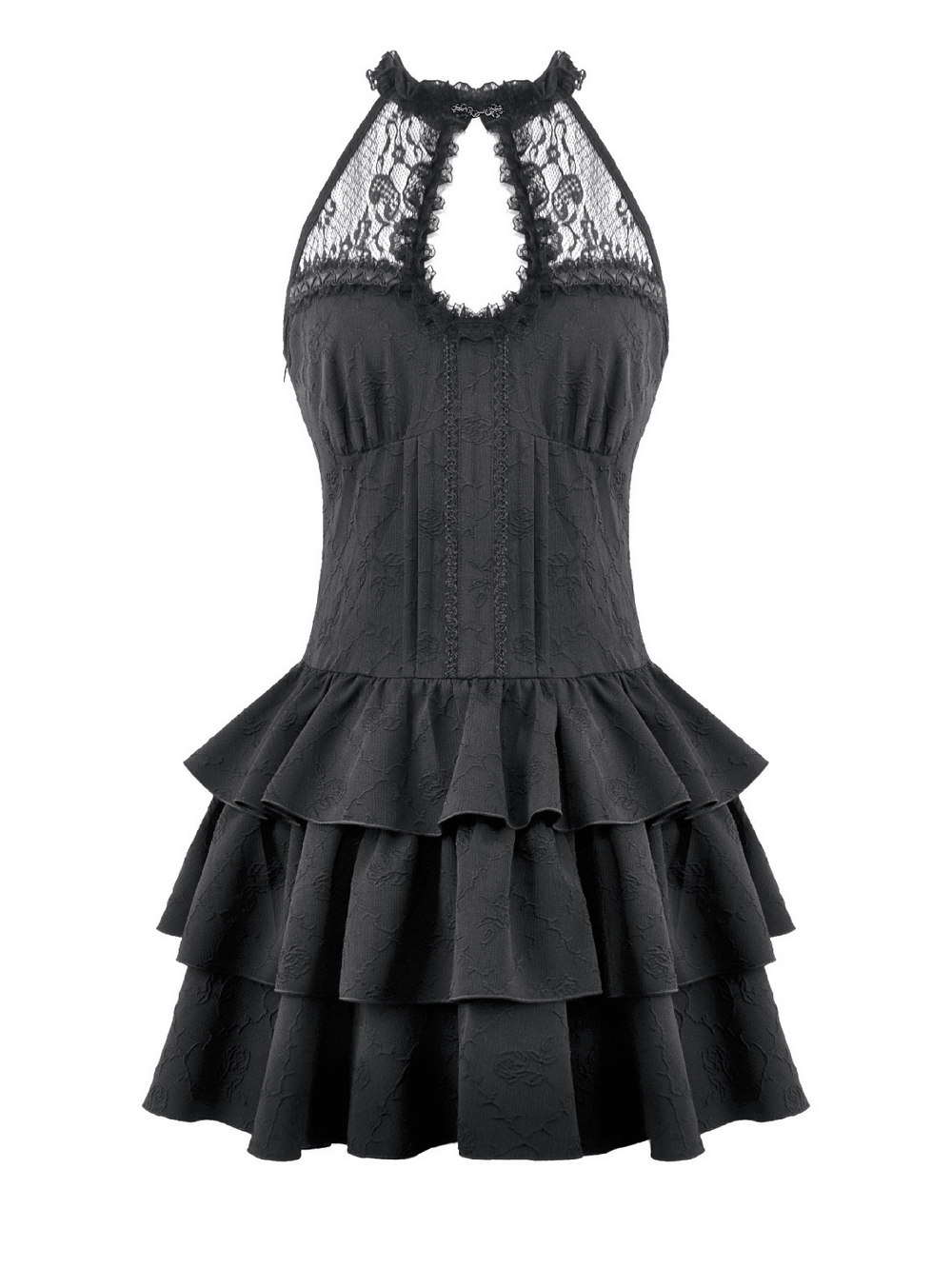 Black Gothic Halter Mini Dress with Tiered Ruffles