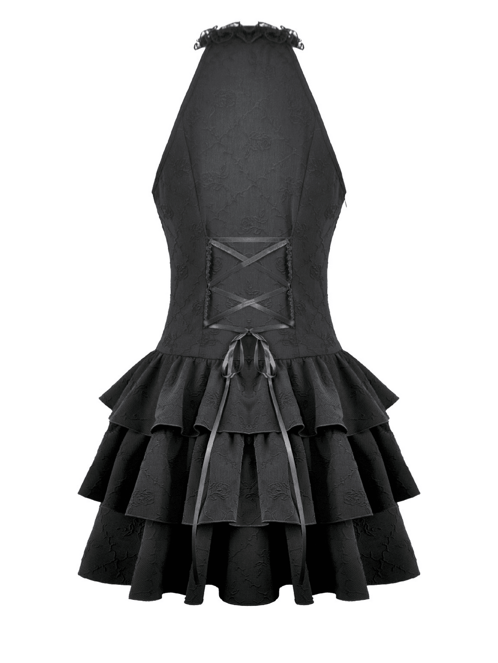 Black Gothic Halter Mini Dress with Tiered Ruffles