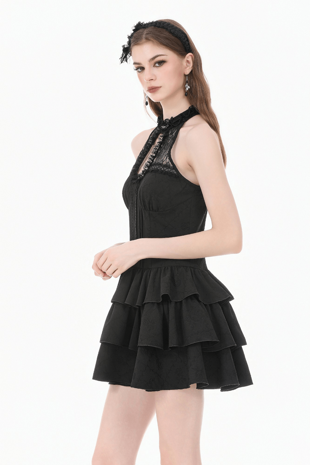 Black Gothic Halter Mini Dress with Tiered Ruffles
