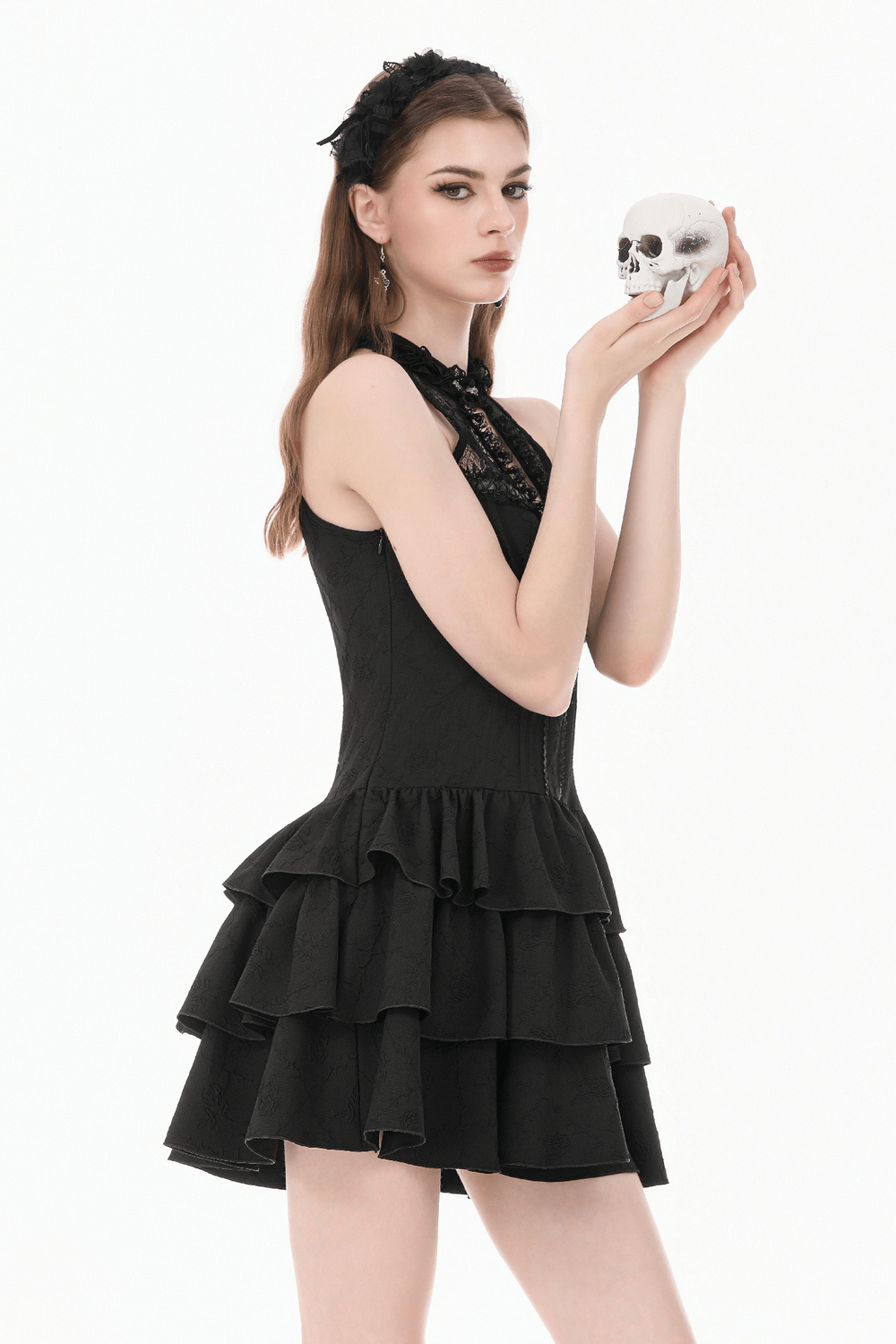 Black Gothic Halter Mini Dress with Tiered Ruffles