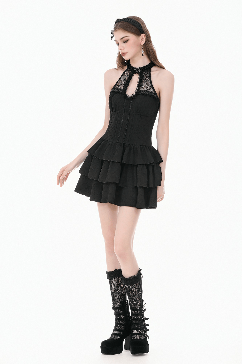 Black Gothic Halter Mini Dress with Tiered Ruffles