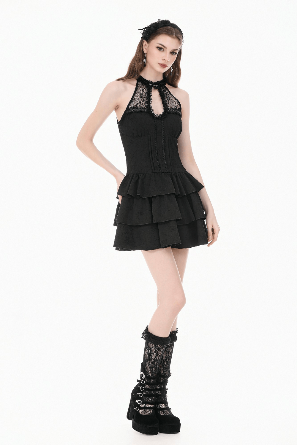 Black Gothic Halter Mini Dress with Tiered Ruffles