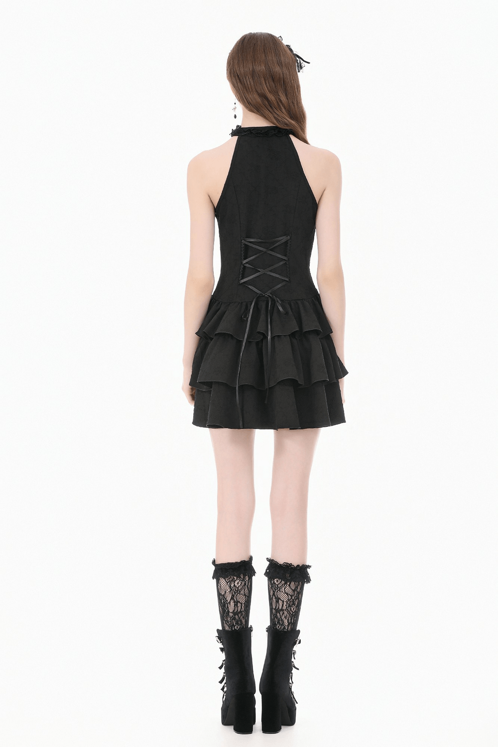 Black Gothic Halter Mini Dress with Tiered Ruffles