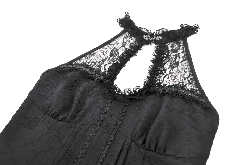 Black Gothic Halter Mini Dress with Tiered Ruffles