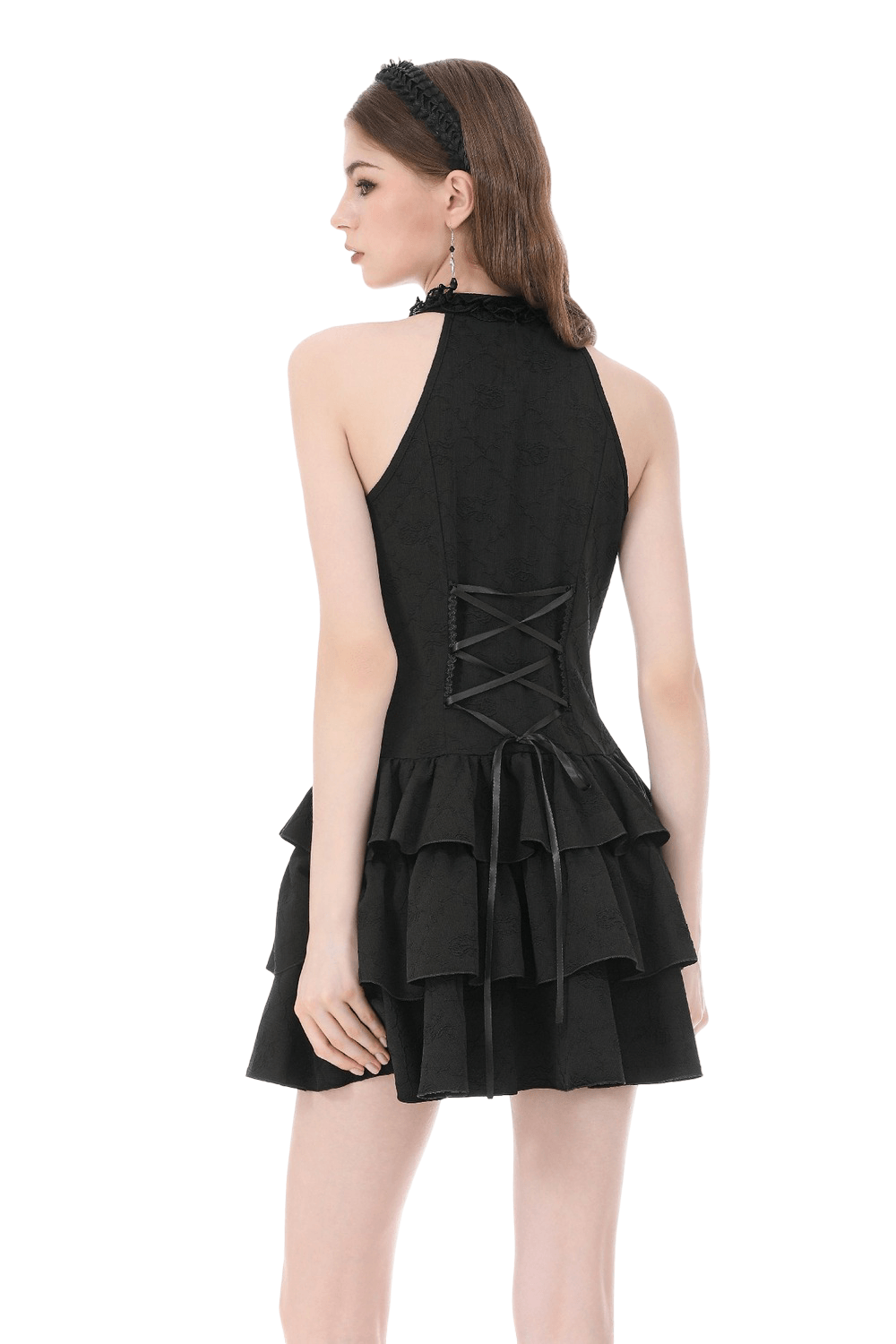 Black Gothic Halter Mini Dress with Tiered Ruffles