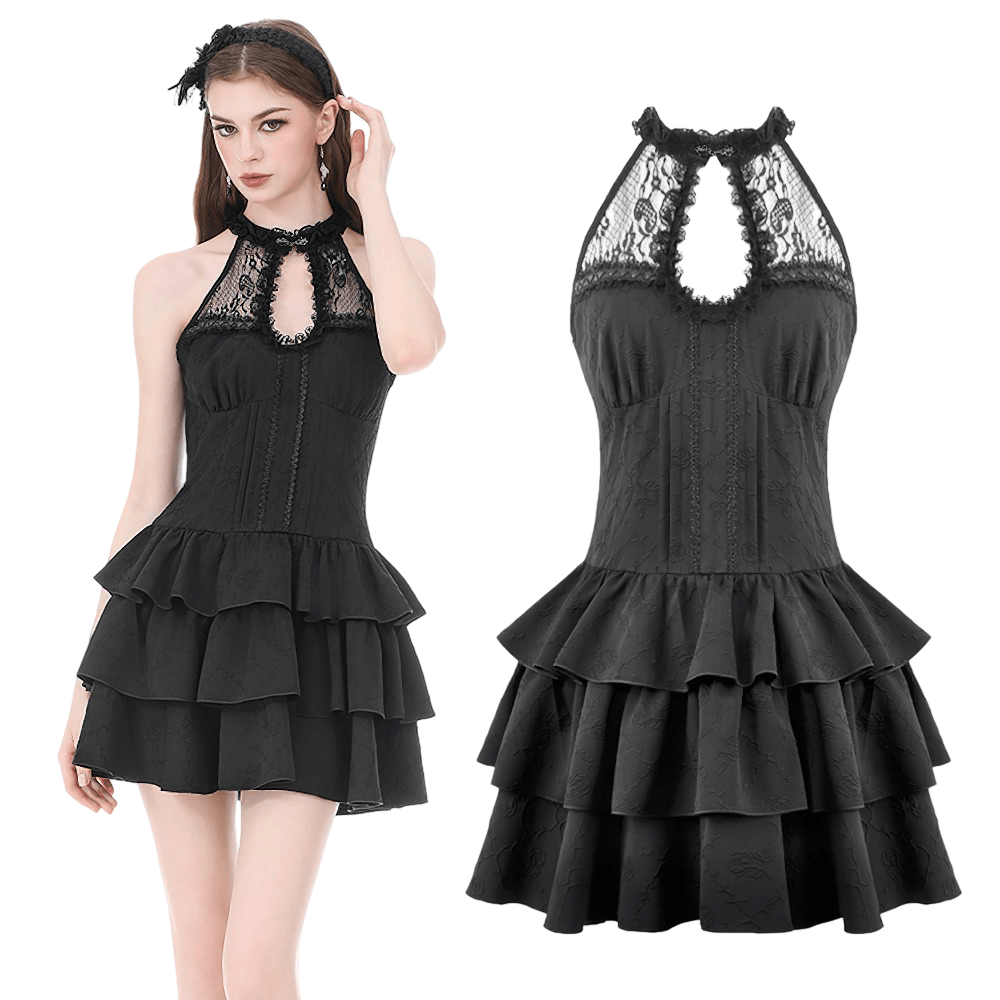 Black Gothic Halter Mini Dress with Tiered Ruffles