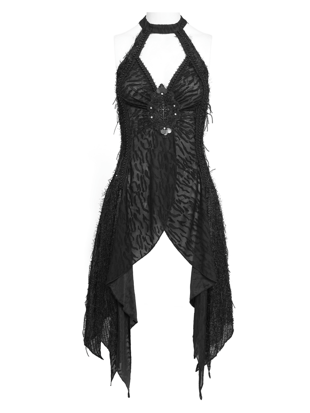Alt Tag: Black Gothic Halter Neck Top with Asymmetric Hemline sleeveless distressed mesh beadwork punk gothic vest