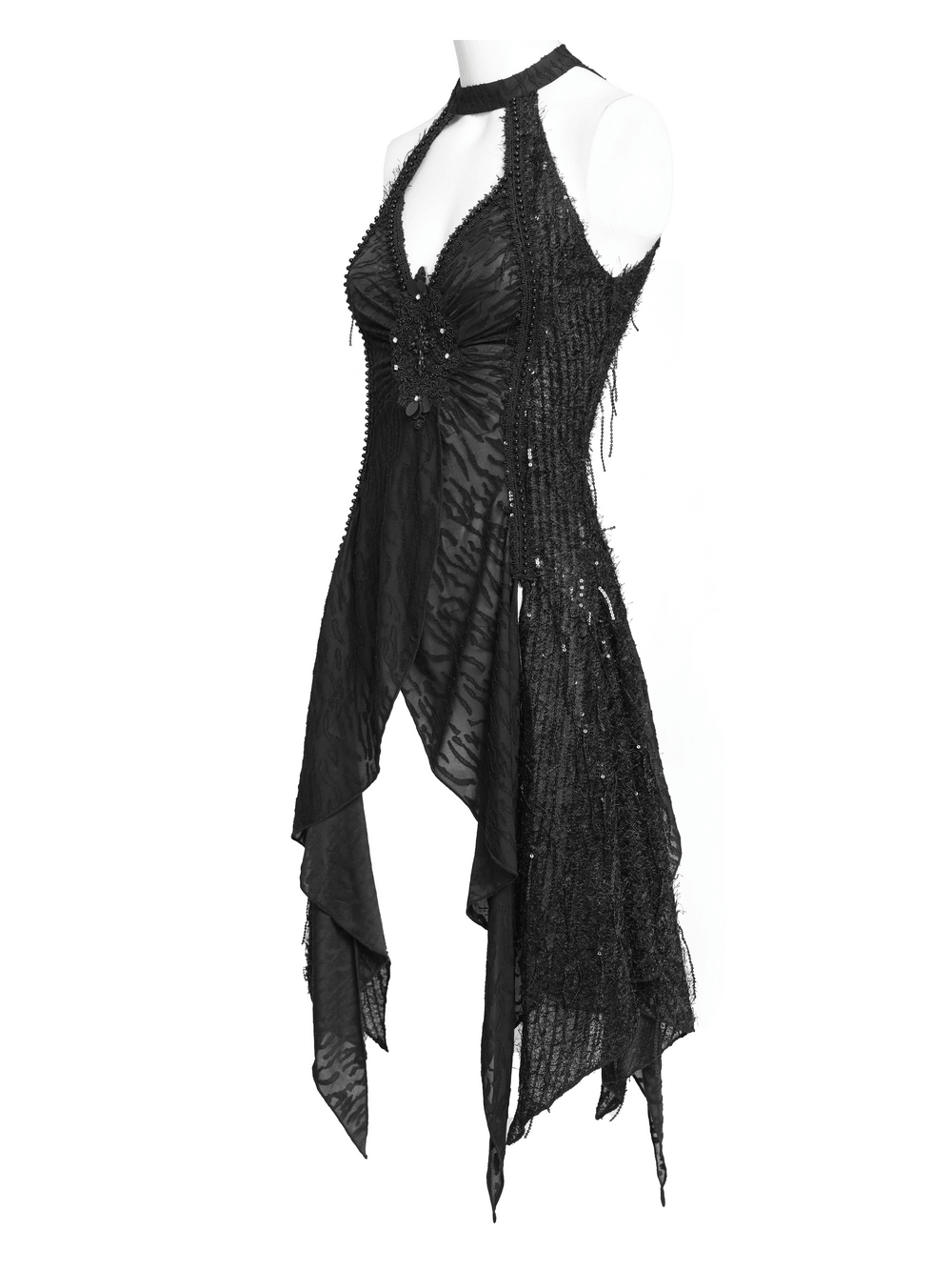 Alt Tag: Black Gothic Halter Neck Top with Asymmetric Hemline sleeveless distressed mesh beadwork punk vest with shredded hem