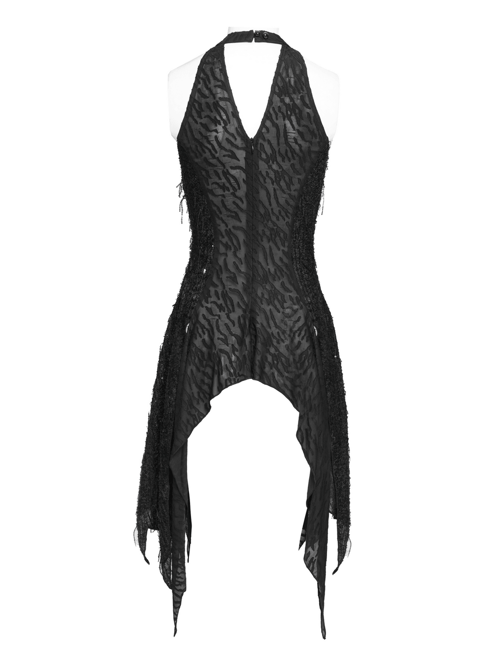 Alt Tag: Black Gothic Halter Neck Top with Asymmetric Hemline sleeveless distressed mesh vest with beads and shredded hem