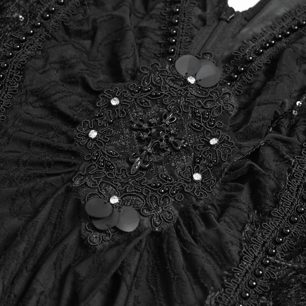 Black Gothic Halter Neck Top with Asymmetric Hemline close-up of distressed mesh, beaded lace embroidery, sequins, and rhinestone details