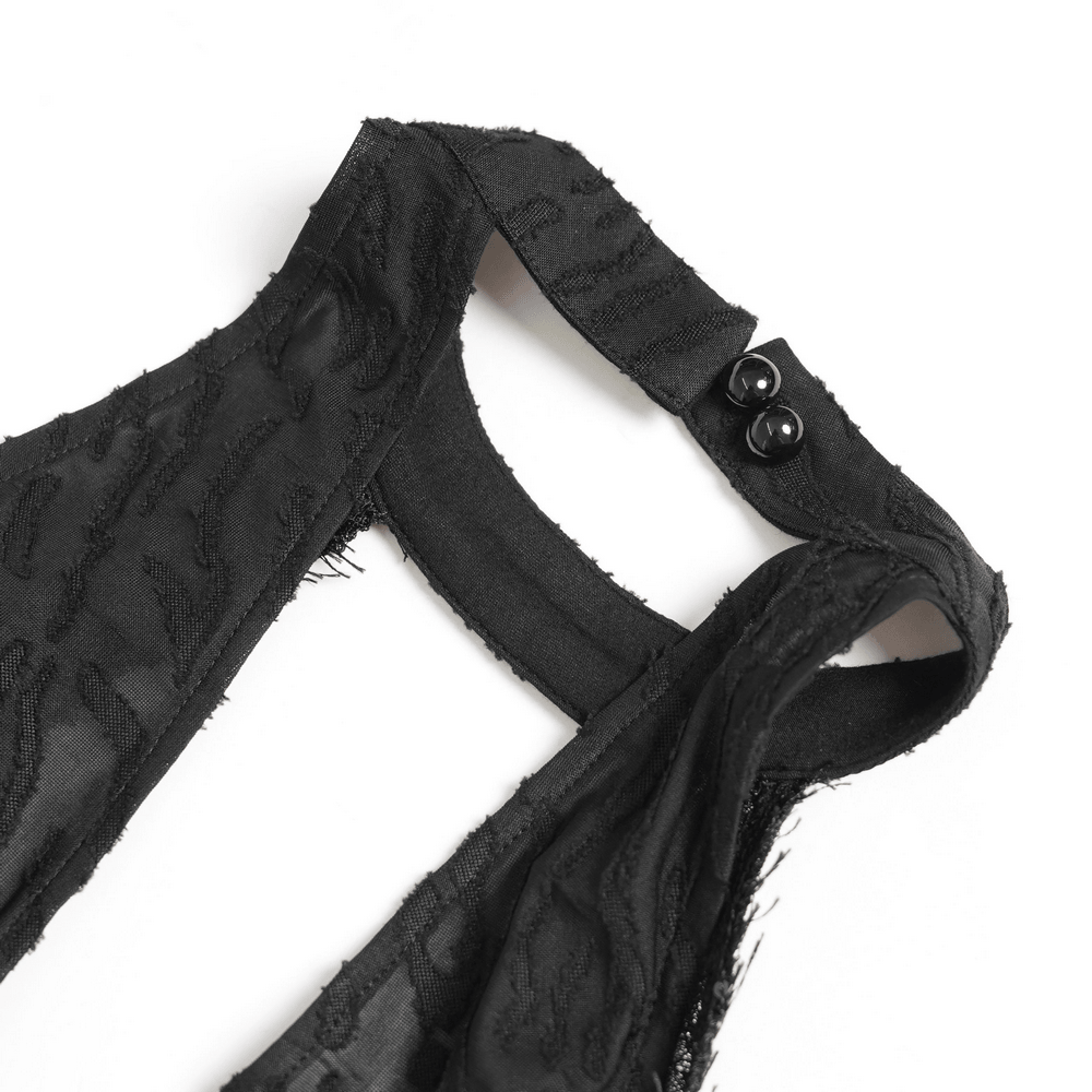 Alt Tag: Black Gothic Halter Neck Top with Asymmetric Hemline close-up of halter strap with snap buttons, textured distressed mesh fabric