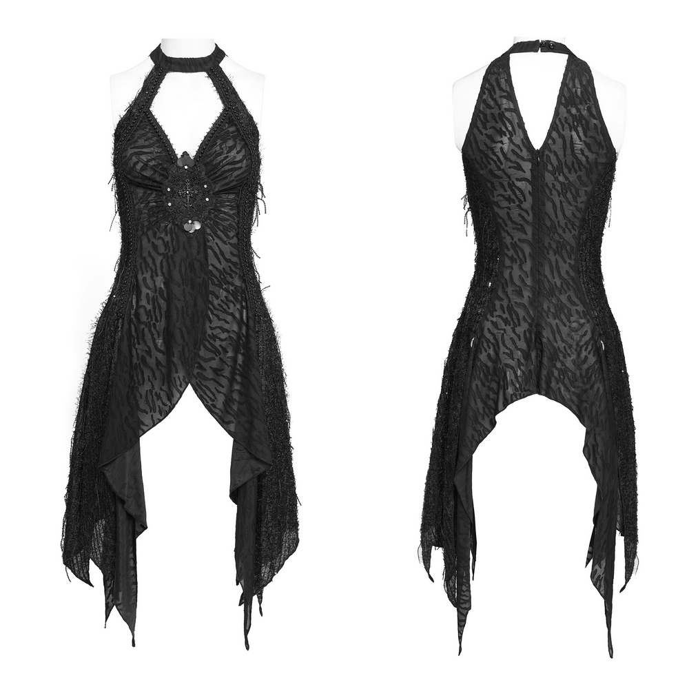 Alt Tag: Black Gothic Halter Neck Top with Asymmetric Hemline sleeveless distressed mesh beadwork punk vest front and back view