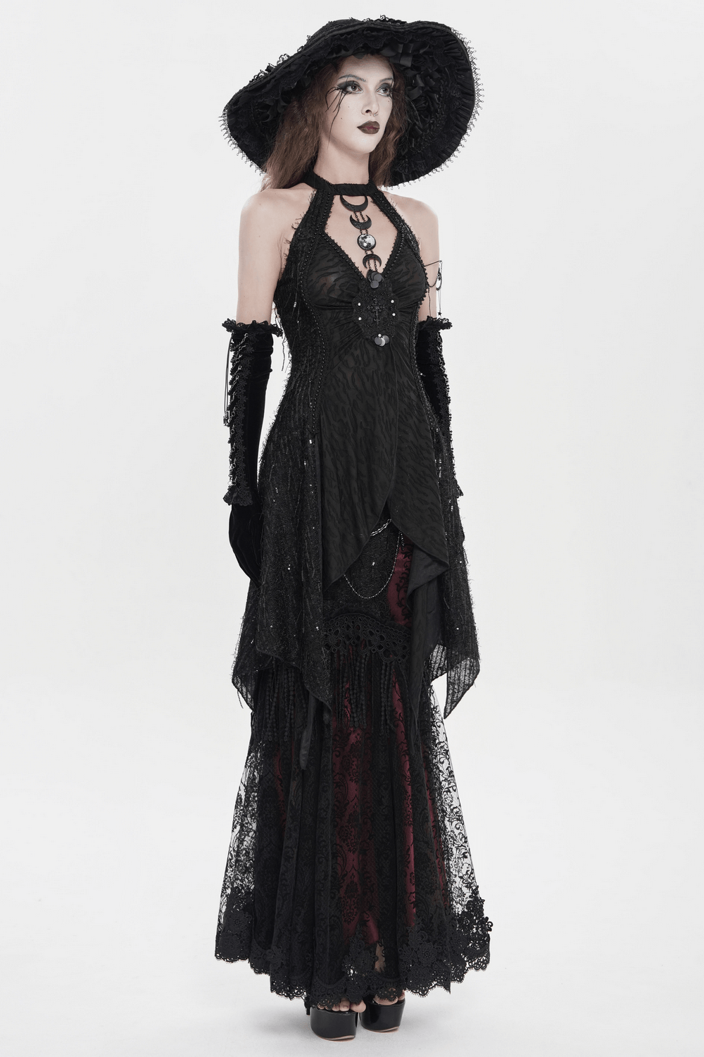 Black Gothic Halter Neck Top with Asymmetric Hemline sleeveless punk top with distressed mesh beads and shredded hem, alternative festival look