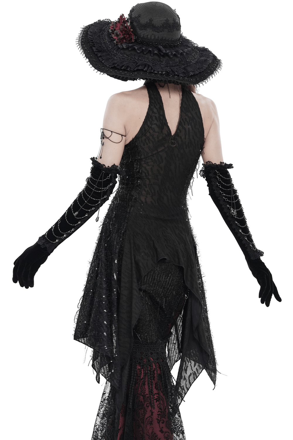 Black Gothic Halter Neck Top with Asymmetric Hemline back view, sleeveless punk mesh with beads and shredded hem, alternative festival look
