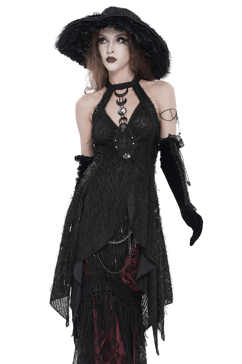 Alt Tag: Black Gothic Halter Neck Top with Asymmetric Hemline on model, distressed mesh, beadwork, asymmetric shredded hem, punk festival look