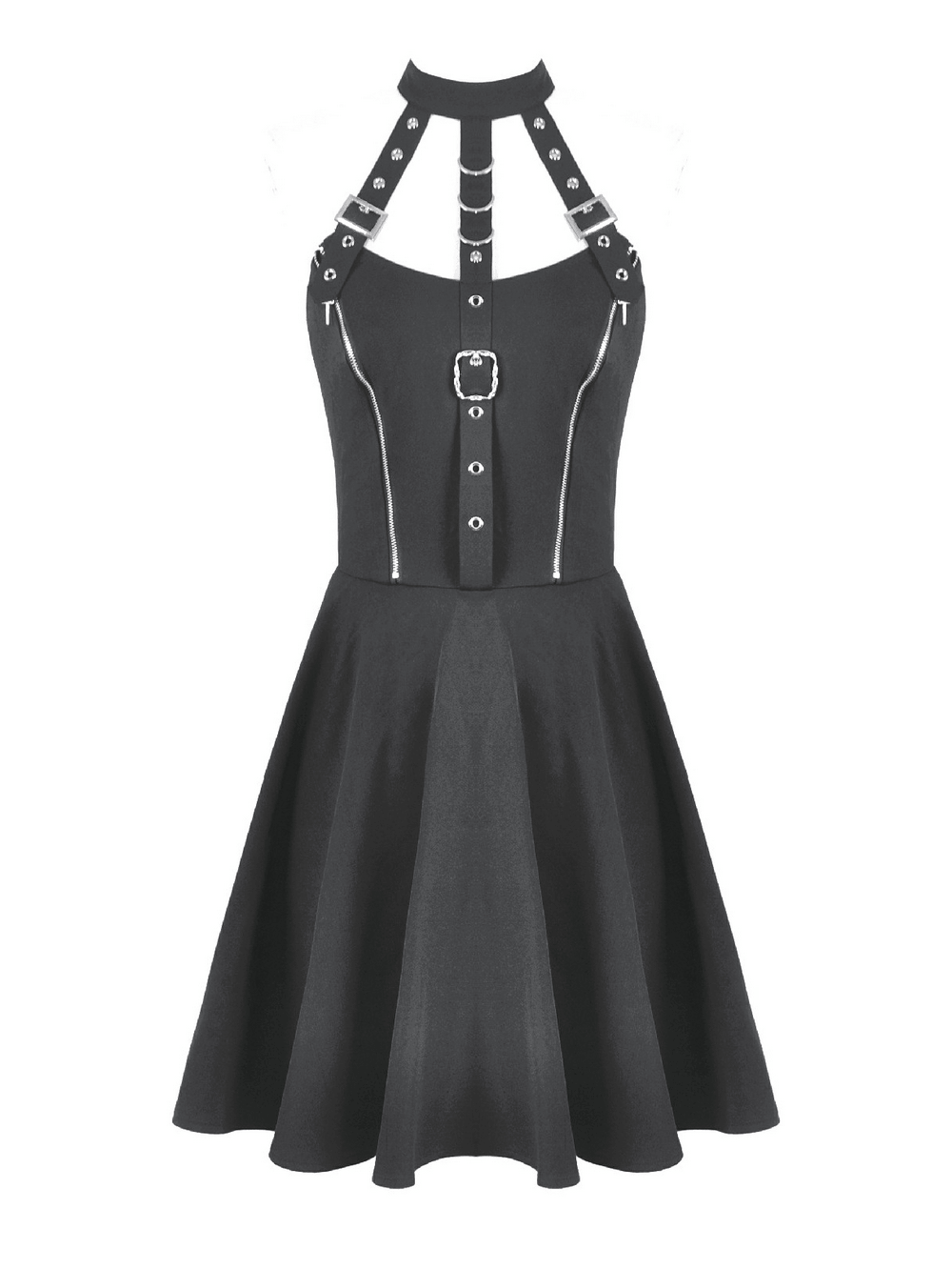 Black Gothic Harness Mini Dress with Buckle Straps