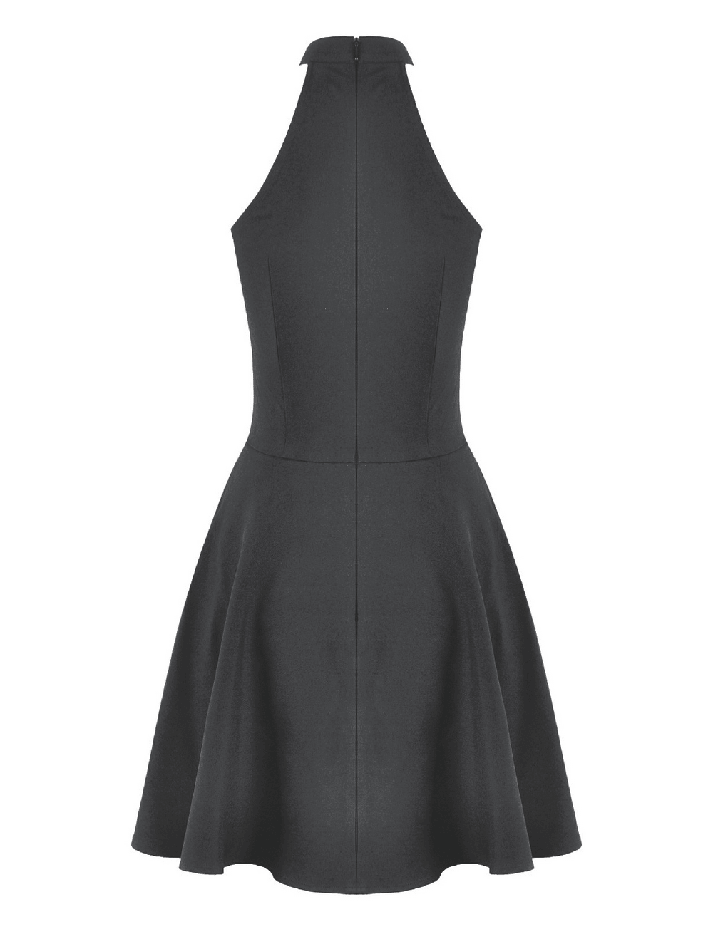 Back view of Black Gothic Harness Mini Dress with Buckle Straps showcasing the fitted bodice and flared skater skirt.
