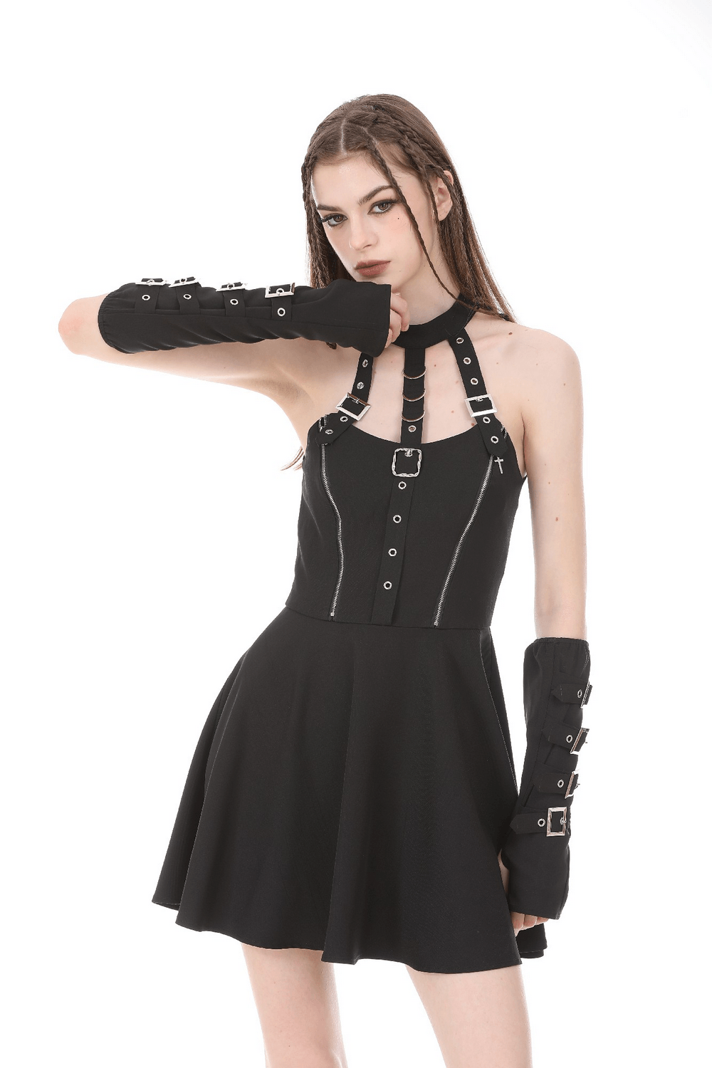 Black Gothic Harness Mini Dress with Buckle Straps featuring a halter neckline and fitted bodice.