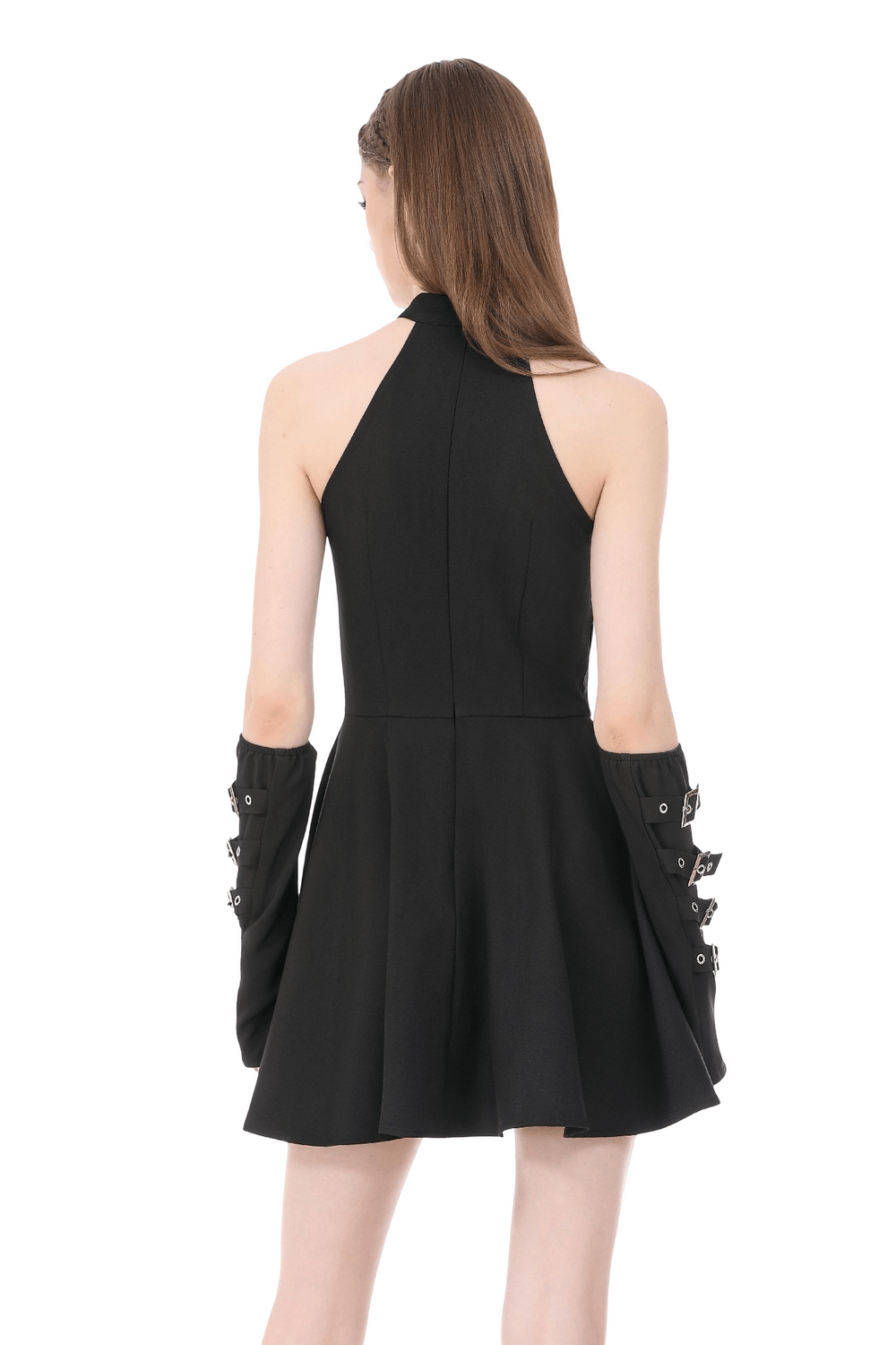 Back view of Black Gothic Harness Mini Dress with Buckle Straps showcasing flared skirt and harness details.
