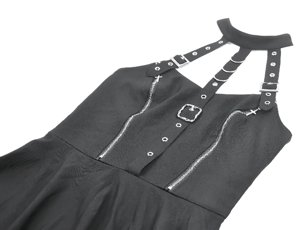 Black Gothic Harness Mini Dress with Buckle Straps featuring silver-tone buckles and zippered corset bodice.