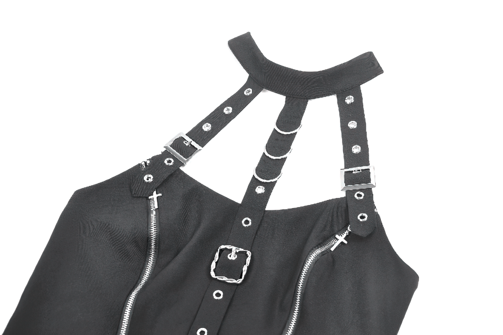 Black Gothic Harness Mini Dress with Buckle Straps detail featuring silver-tone buckles and zipper accents.