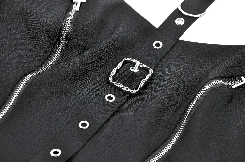 Black Gothic Harness Mini Dress with Buckle Straps featuring silver zipper accents and eyelet details.