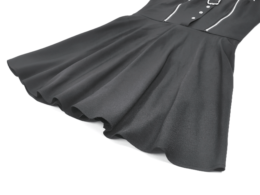 Black Gothic Harness Mini Dress with Buckle Straps featuring flared skater skirt and zipper accents.