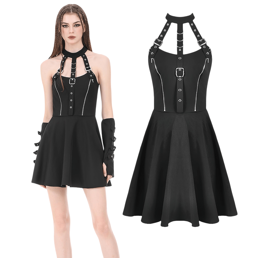 Black Gothic Harness Mini Dress with Buckle Straps featuring a halter neckline and flared skater skirt.