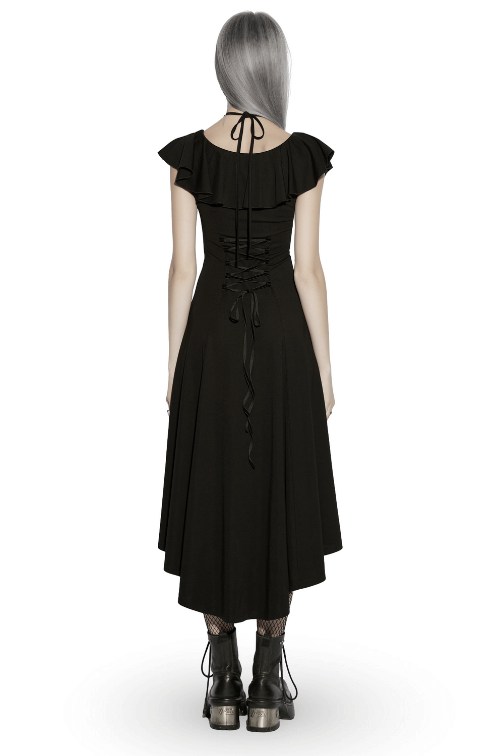 Alt Tag: Black Gothic High Low Dress with Ruffle Sleeves, back view lace-up corset tie waist, flutter sleeves, dark romantic goth style