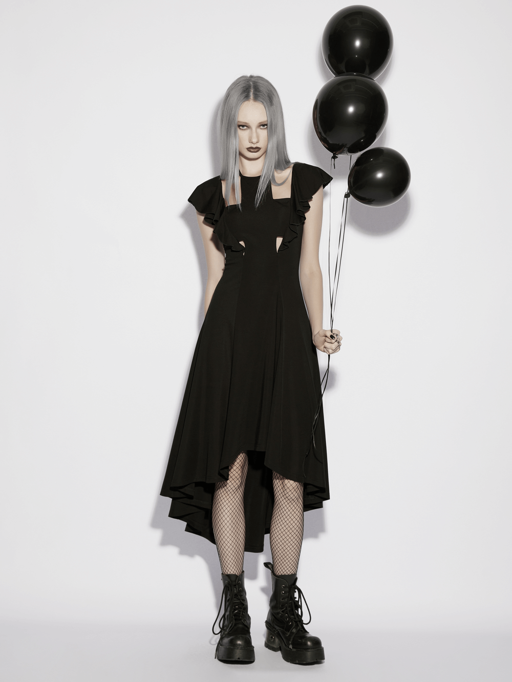 Alt Tag: Black Gothic High Low Dress with Ruffle Sleeves, lace-up back goth cross cutout dress with high-low hem and ruffle sleeves