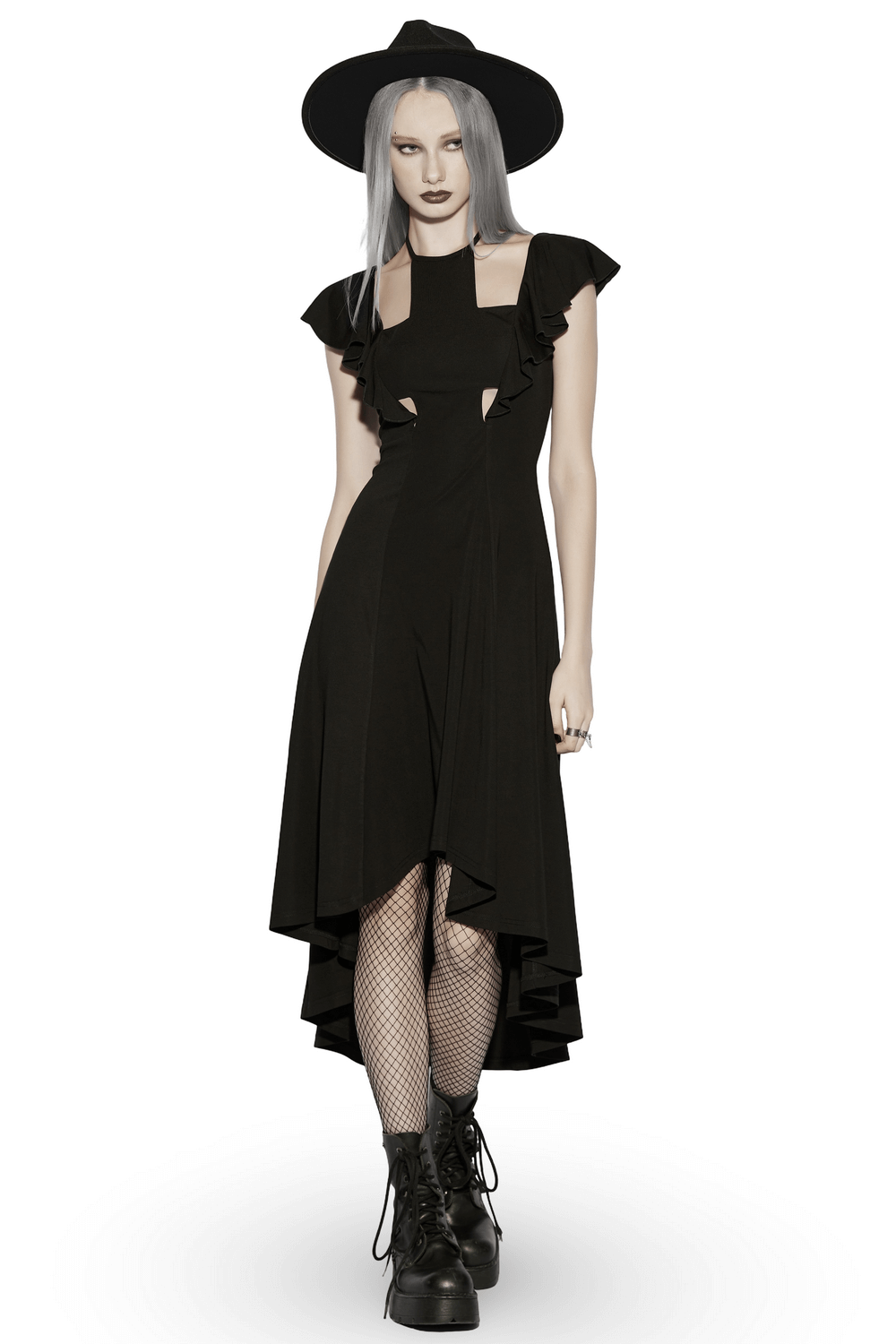 Alt Tag: Black Gothic High Low Dress with Ruffle Sleeves with cross cutout, ruffle sleeves, lace-up back, high-low hem, black gothic look