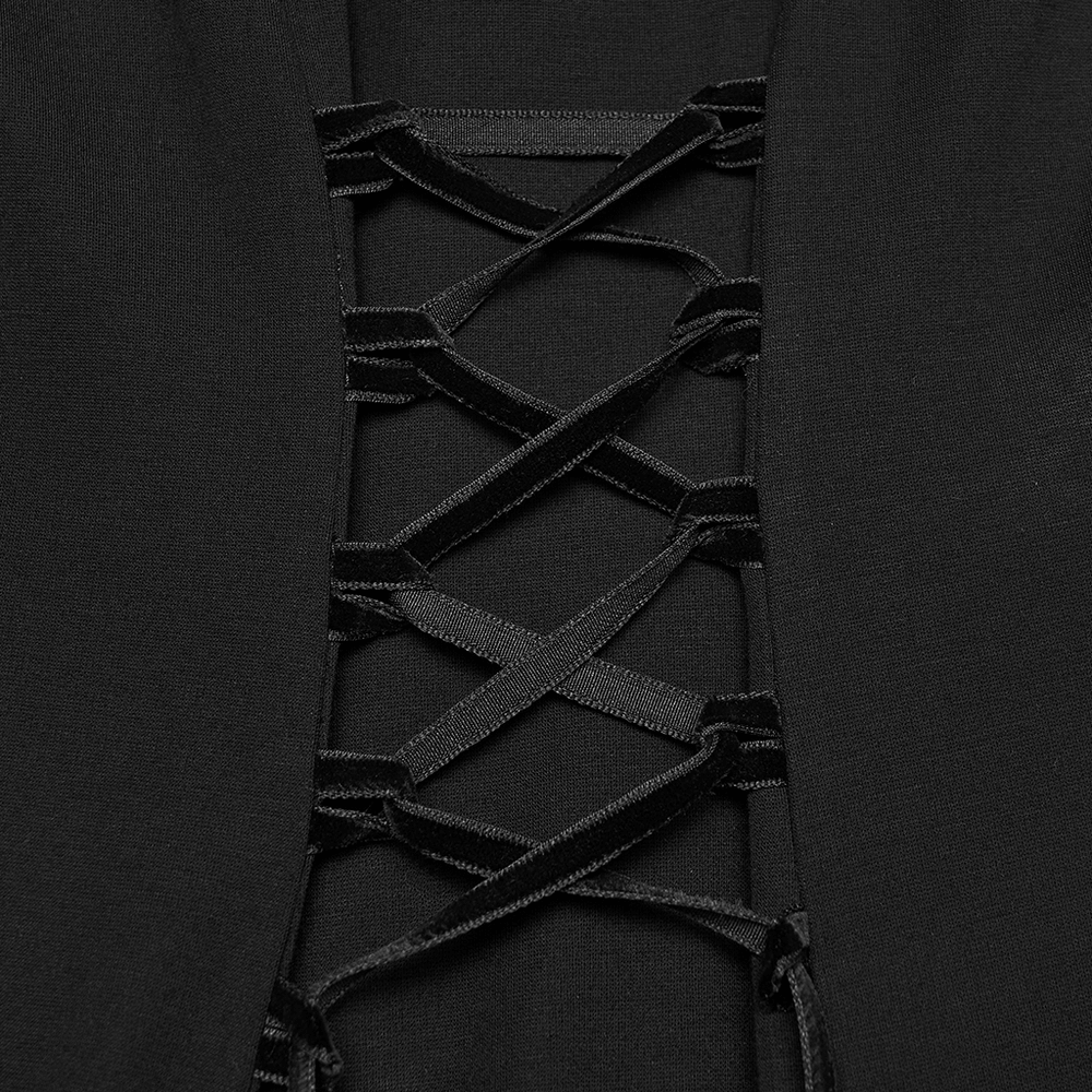 Alt Tag: Black Gothic High Low Dress with Ruffle Sleeves lace-up back detail in black, close-up gothic corset-style crisscross lacing