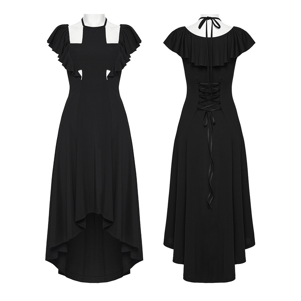 Alt Tag: Black Gothic High Low Dress with Ruffle Sleeves, front and back view, cross cutout, lace-up back, layered ruffle sleeves