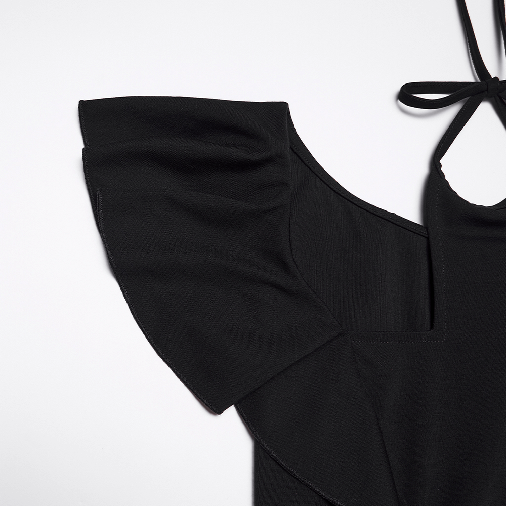 Alt Tag: Black Gothic High Low Dress with Ruffle Sleeves close-up showing dramatic ruffle flying sleeve and sleek black fabric detail