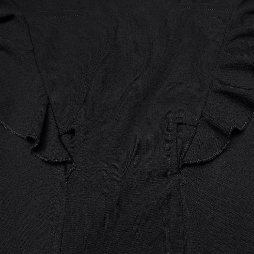 Alt Tag: Black Gothic High Low Dress with Ruffle Sleeves close-up of black elastic knit fabric and layered ruffle sleeve detail